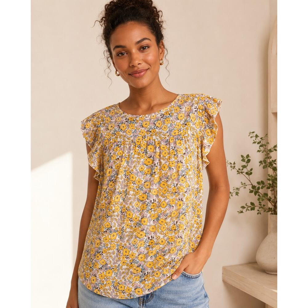 LOFT Outlet Yellow Floral Flutter Sleeve Blouse Size Small Cottagecore Boho Top